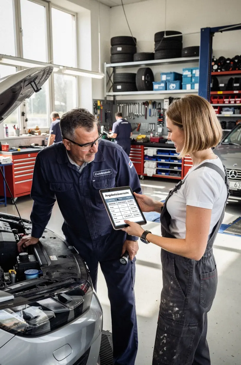 Kundenberater erklärt Servicekategorien und Kostenvoranschlag am Tablet